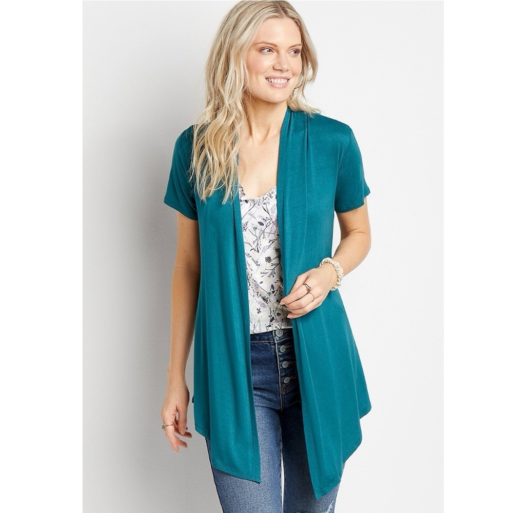 Maurices Teal Short Sleeves Open Front Cardigan Women’s Size XS